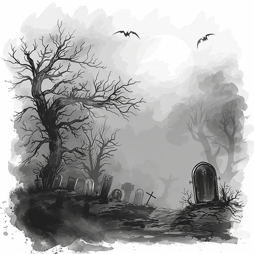 Gothic tattoo sketch of a graveyard scene with fog