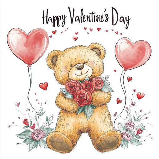Cute teddy bear with roses and heart balloons for Valentine's Day