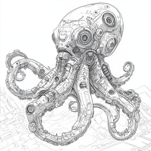 Futuristic octopus with mechanical parts, Hideo Kojima style