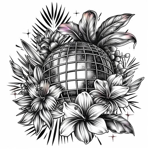 Botanical disco ball tattoo sketch with lush foliage