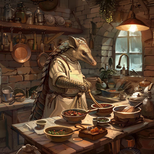 A pangolin chef cooks exotic dishes in a bustling kitchen