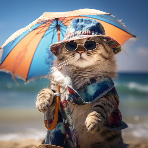 Cat with hat and sunglasses on beach holding umbrella