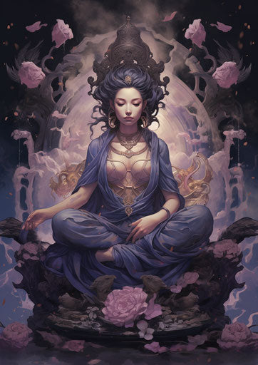 Buddha meditation in tattoo inspired style, navy and purple tones, manga influence, mix of masculine and feminine elements, naive drawing, Chinese tradition