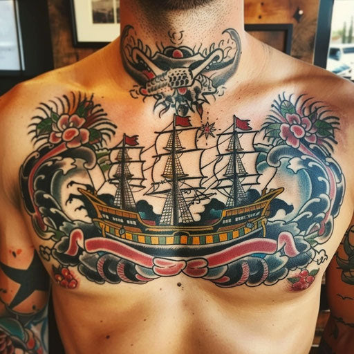 Men's chest tattoo with classic nautical themes, in the style of Sailor Jerry