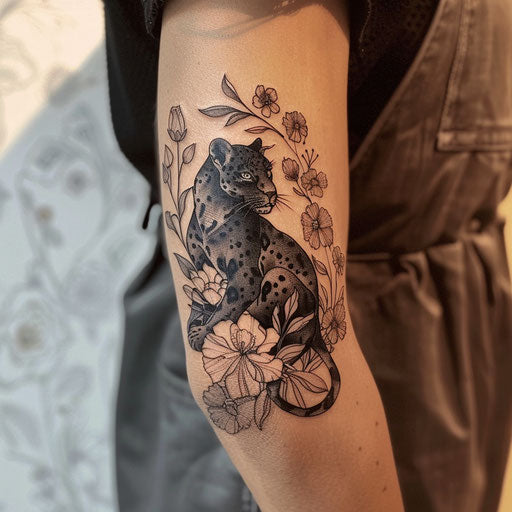 Elegant black panther tattoo in a floral setting