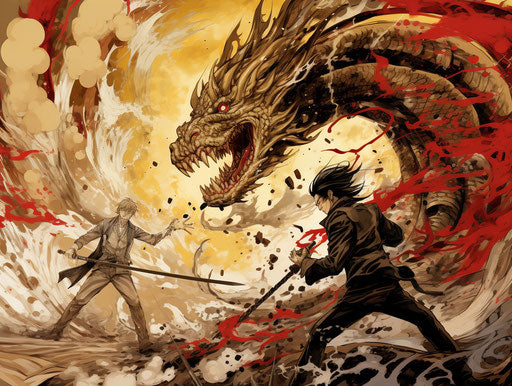 Man vs. dragon: Japanese-inspired golden-brown style