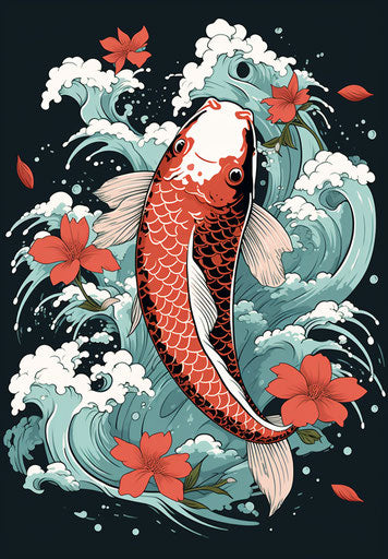 The Japanese style koi fish with flowers on the water