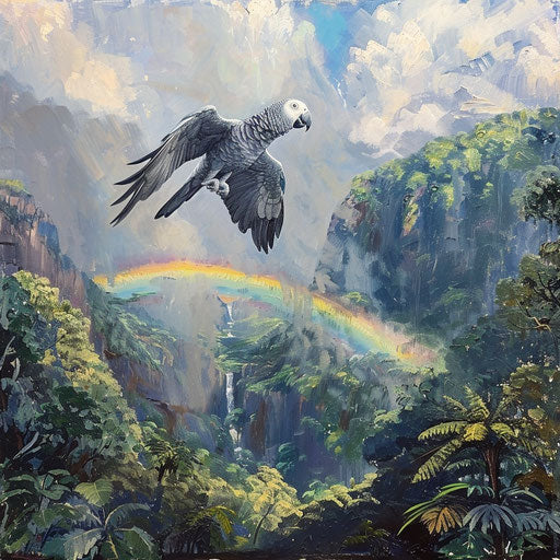 African grey parrot flying alongside a rainbow in the aftermath of a tropical rainstorm, with lush mountains in the background.