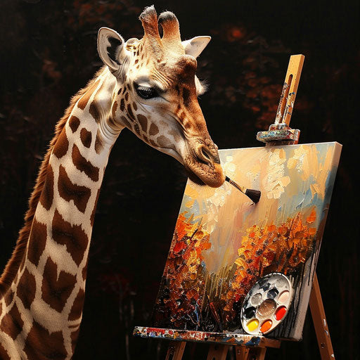 A giraffe artist creating a masterpiece on a canvas