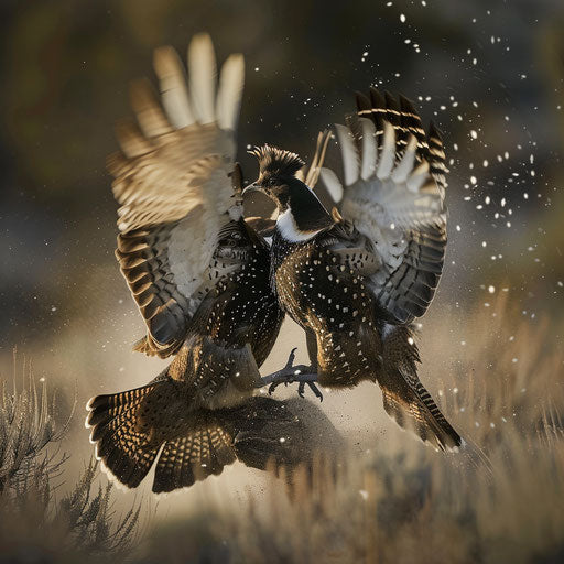 Sage grouse in flight during a mating ritual