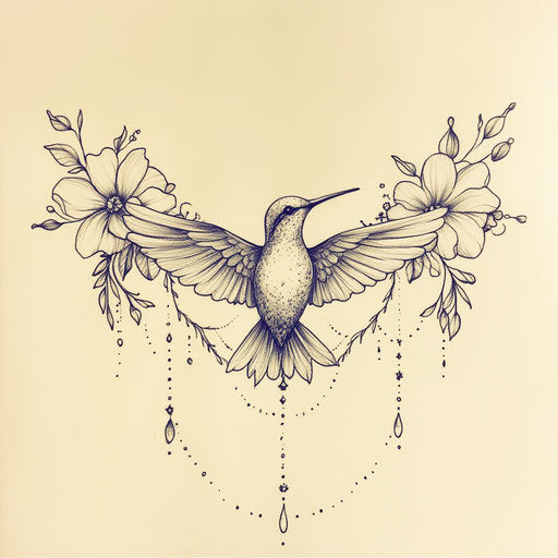 Flat tattoo sketch for sternum with hummingbird and flowers
