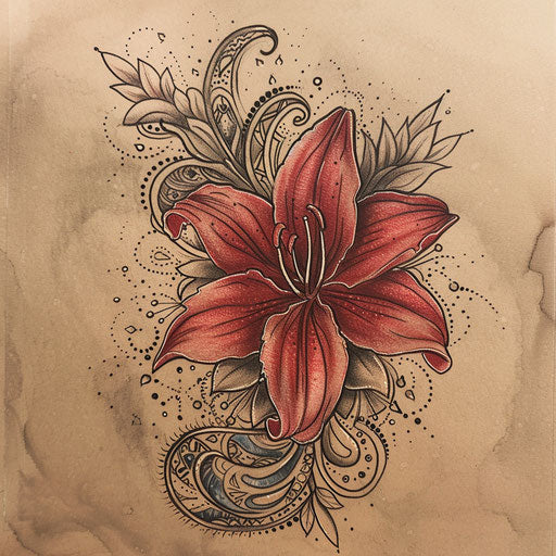Boho chic style tattoo sketch of a red spider lily with paisley patterns and earthy tones