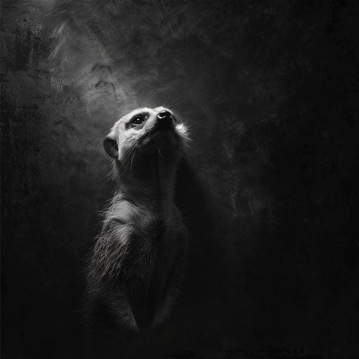 Meerkat in the shadows, interplay of light and dark, mysterious atmosphere.