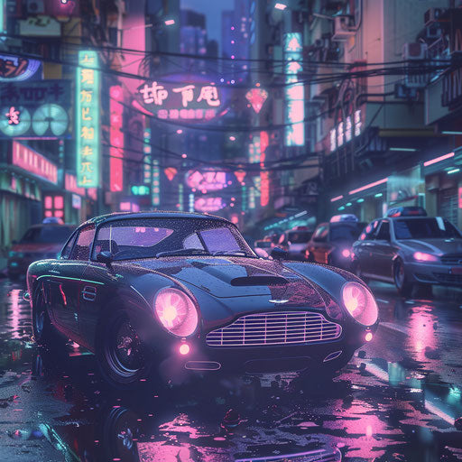 Cyberpunk Aston Martin DB6 with augmented reality windshield and neon accents, navigating through a dystopian cityscape