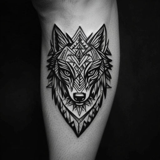Tribal wolf tattoo exuding strength and fierceness