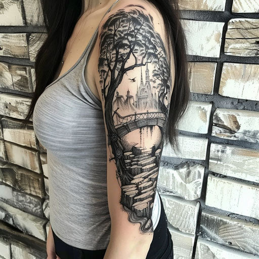 Arm tattoos for women in the style of Peter Jackson with a scene from The Lord of the Rings