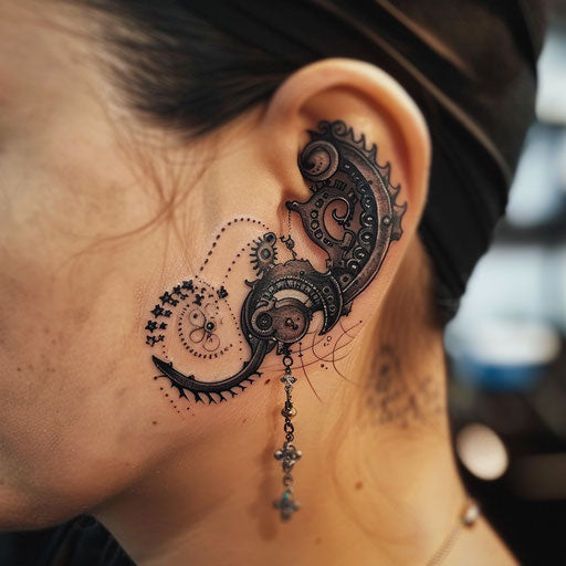 Ear tattoos in the style of Adrian Smith featuring steampunk elements