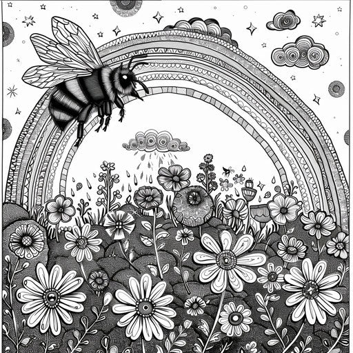 A whimsical scene of a bee flying through a rainbow