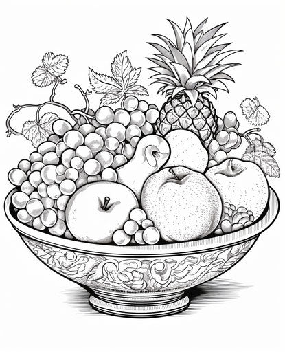 Fruit coloring page in the bowl, in the style of contrast