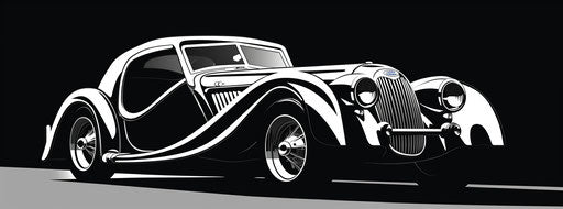 Drawing of a black and white sports car, stencil-based, 46:17