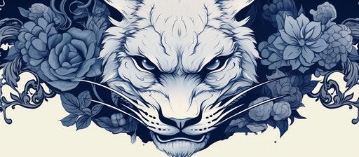 Black and white dragon head in tattoo design with flowers