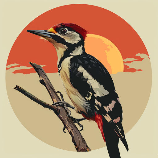 Woodpecker clipart in photo realistic style with flat random background, vintage filter and delicate lines