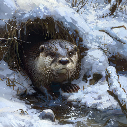 Otter emerging from snowy burrow next to frozen stream