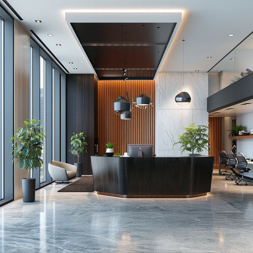 Modern tech company reception area, friendly receptionist and sleek decor