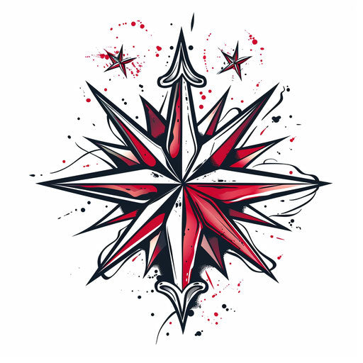 Nautical star tattoo with vibrant red and black colors