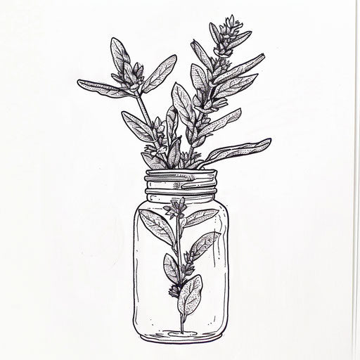 Artistic flat tattoo sketch of a sage plant in a traditional herbalist's jar