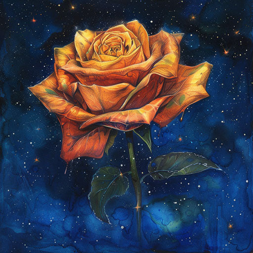 Dreamy tattoo sketch of an amber rose under a starry night sky