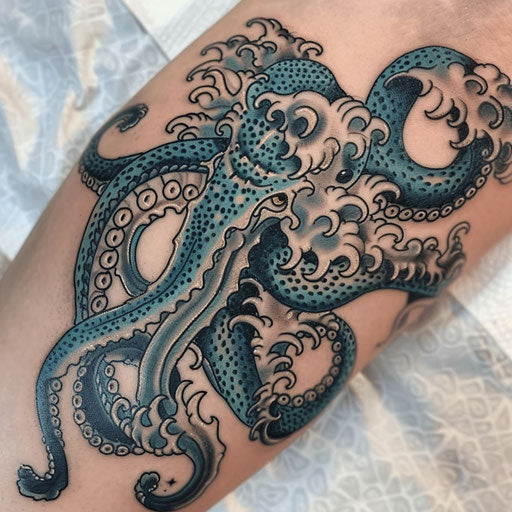 Kraken of Poseidon's Wrath with Indigo and Teal Waves
