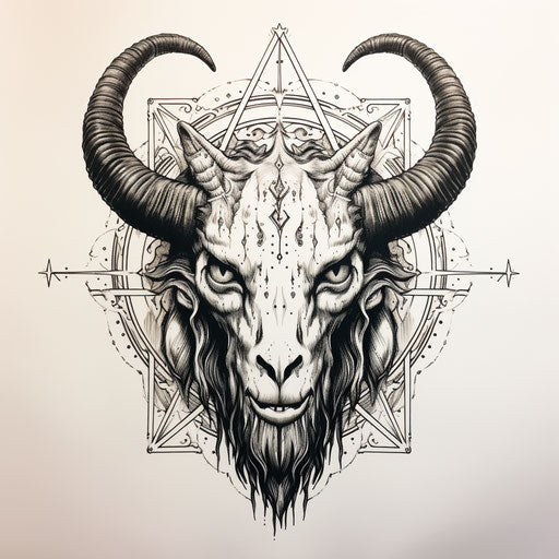 Goat head with pentagram, black and white ink drawing style