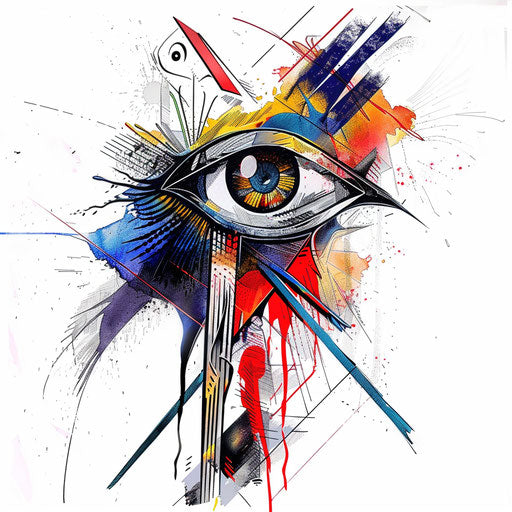 Stylized Eye of Horus tattoo with fusion of abstract and realistic elements on white background