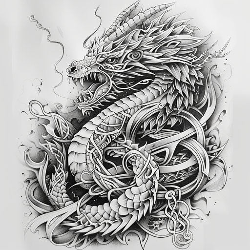 Sketch of tribal dragons and Celtic knots tattoo, full sleeve for men