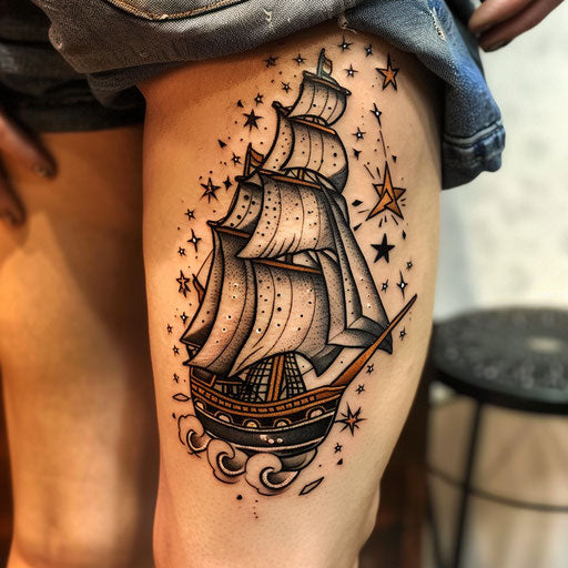 Classic nautical tattoos with ships and stars