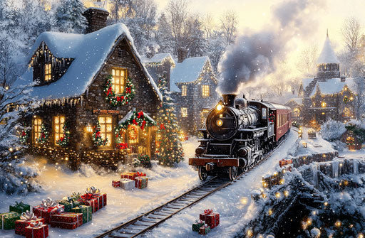 Vintage steam train in snow with Christmas decorations