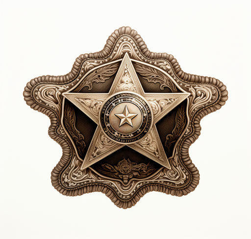 Brown sheriff badge on white, intricate black and white style