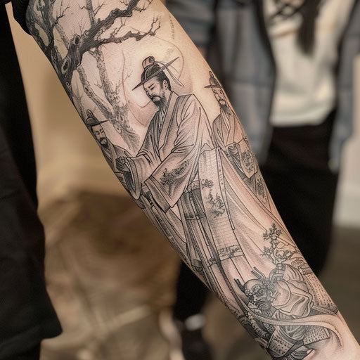 Sleeve design of Korean historical figures in traditional attire, tattooed on white background