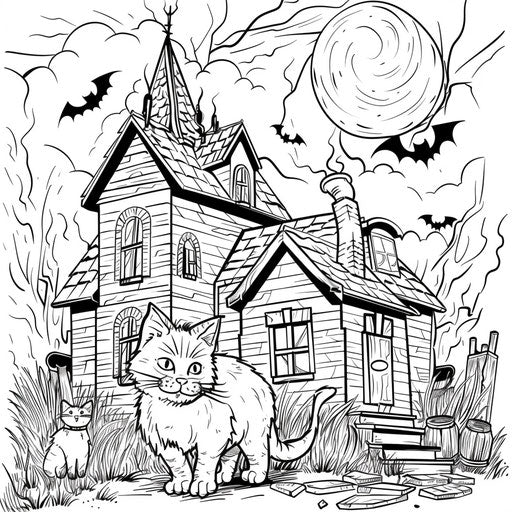 Cat exploring haunted house with flashlight