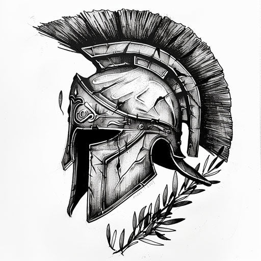 Spartan helmet with olive branches, traditional Greek tattoo