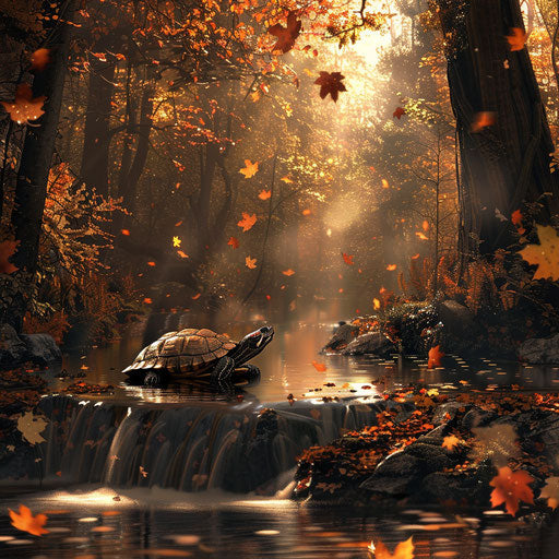A turtle resting beside a gently flowing river in a peaceful forest