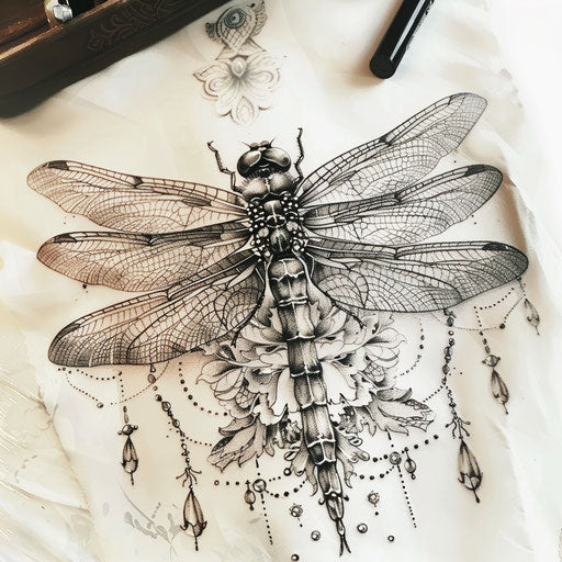 Sketch of an elegant dragonfly with intricate lace patterns for wrist coverup tattoo for women