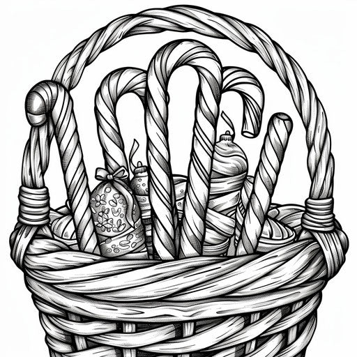 Coloring page of colorful candy cane basket