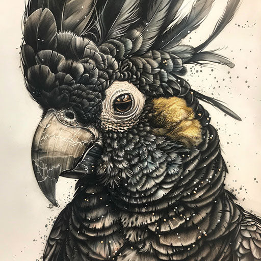 Realistic tattoo sketch of a detailed yellow-tailed black cockatoo
