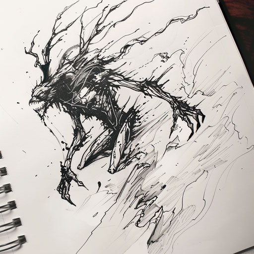 Energetic flat tattoo sketch of a Wendigo running through a blizzard with dynamic motion
