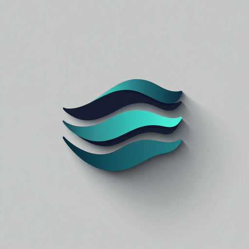 Sophisticated DJ logo with a geometric layered wave icon and refined typography, in a harmonious teal and navy blue palette, isolated on a flat gray background.