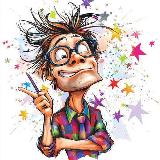 Humorous caricature of a writing caricature clipart with human characteristics, exaggerated long eyelashes, thin arms, surrounded by stars, vibrant colors, cartoon style, pointing, high-resolution, no background, isolated