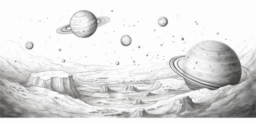 Kids space planet color pages, black-and-white etchings captivating