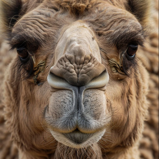 Close encounter with a camel, unique texture of its coat and kindness in its eyes